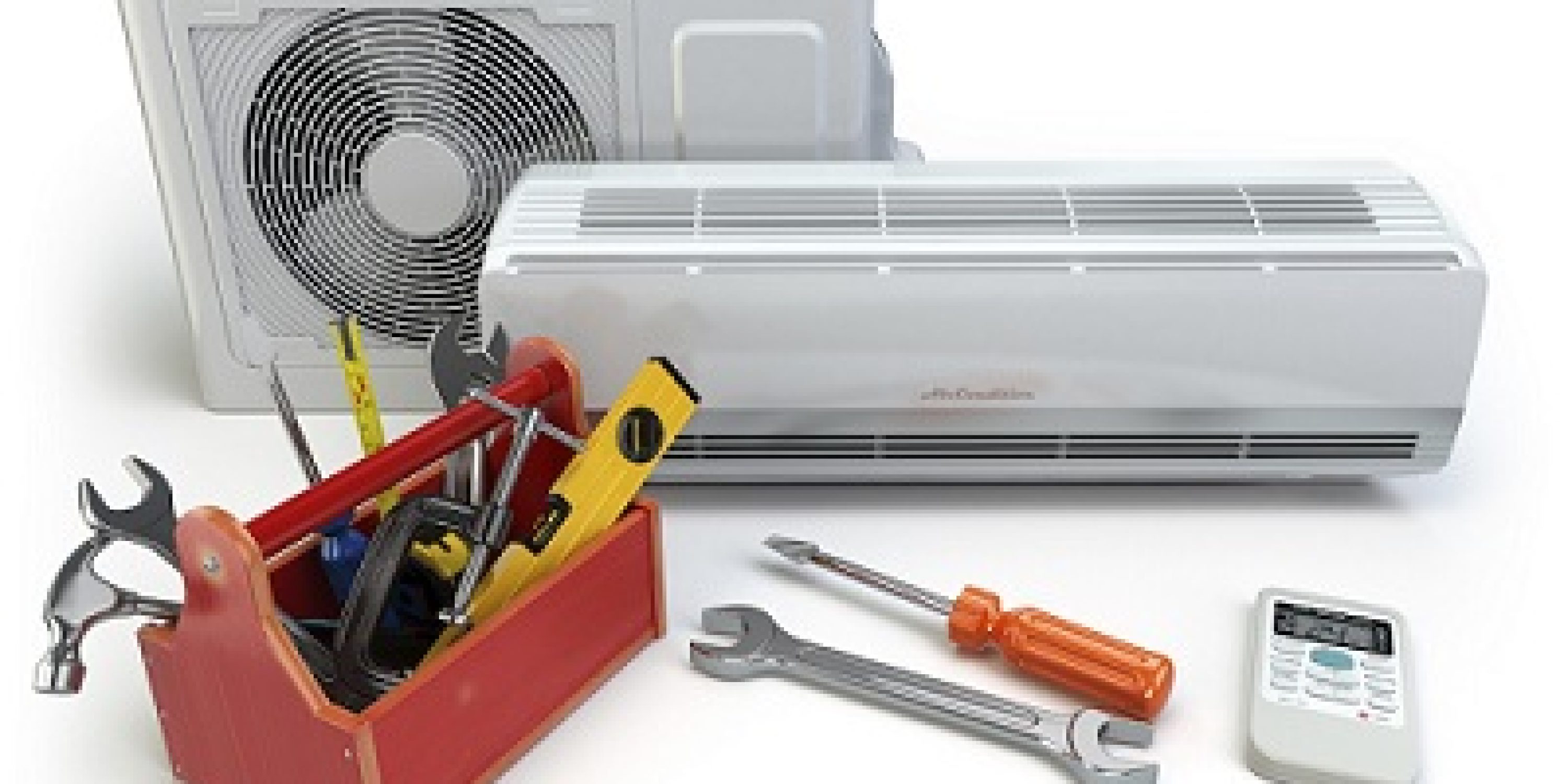 Air conditioner with toolbox and tools. Repair of air-conditioner concept. 3d